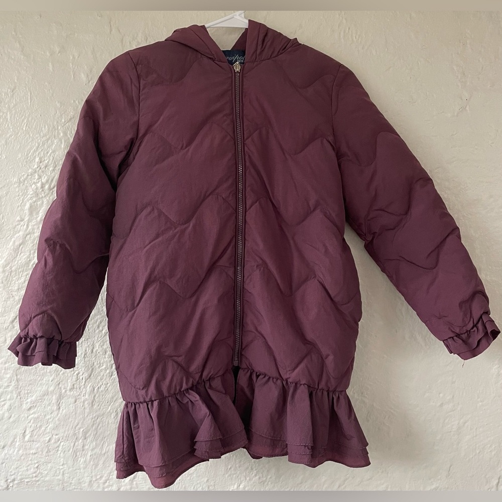 Ruipollio purple mermaid style ruffle puffer coat, top bow detail;size 140/US 10